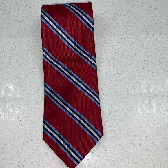 EUC Brothers, 100% silk necktie in red w/ light, light blue, black, white stripe - Picture 3 of 9